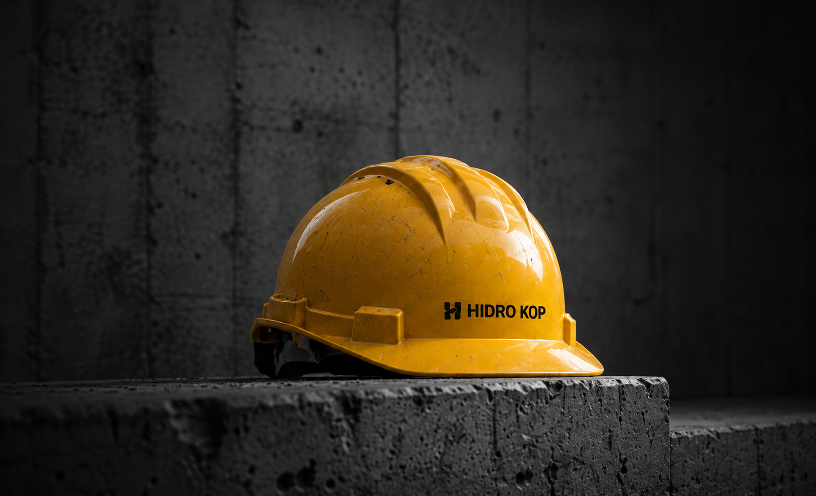 Žuta zaštitna kaciga HIDRO KOP na betonskoj površini